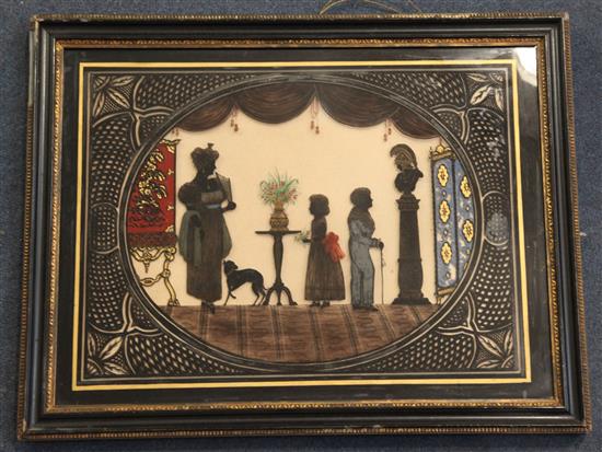 Victorian School Silhouette of an interior with mother and children and whippet overall 11.75 x 15.5in.